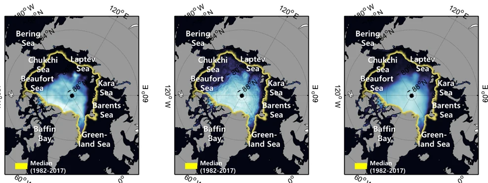 Arctic sea ice concentration maps: observed, random forest, and CNN prediction